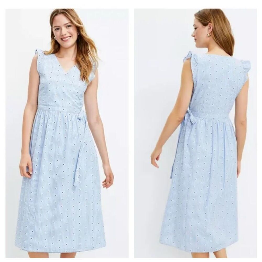 Loft floral eyelet ruffle sleeve midi wrap dress XS